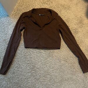 Zara cropped brown long sleeve with collar